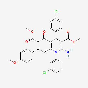 molecular formula C32H28Cl2N2O6 B4306631 DIMETHYL 2-AMINO-1-(3-CHLOROPHENYL)-4-(4-CHLOROPHENYL)-7-(4-METHOXYPHENYL)-5-OXO-1,4,5,6,7,8-HEXAHYDRO-3,6-QUINOLINEDICARBOXYLATE 
