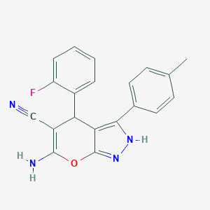 molecular formula C20H15FN4O B430681 6-Amino-4-(2-fluorophenyl)-3-(4-methylphenyl)-1,4-dihydropyrano[2,3-c]pyrazole-5-carbonitrile 