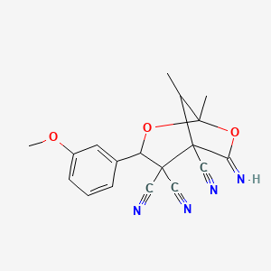 molecular formula C18H16N4O3 B4307477 4,4-DICYANO-6-IMINO-3-(3-METHOXYPHENYL)-1,8-DIMETHYL-2,7-DIOXABICYCLO[3.2.1]OCT-5-YL CYANIDE 