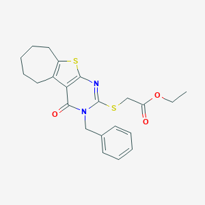 molecular formula C22H24N2O3S2 B430758 Ethyl 2-[(4-benzyl-3-oxo-8-thia-4,6-diazatricyclo[7.5.0.02,7]tetradeca-1(9),2(7),5-trien-5-yl)sulfanyl]acetate CAS No. 351162-37-3