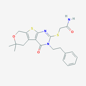molecular formula C21H23N3O3S2 B430762 2-[[12,12-dimethyl-3-oxo-4-(2-phenylethyl)-11-oxa-8-thia-4,6-diazatricyclo[7.4.0.02,7]trideca-1(9),2(7),5-trien-5-yl]sulfanyl]acetamide CAS No. 351162-47-5