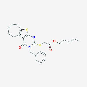 molecular formula C25H30N2O3S2 B430790 pentyl [(3-benzyl-4-oxo-3,5,6,7,8,9-hexahydro-4H-cyclohepta[4,5]thieno[2,3-d]pyrimidin-2-yl)sulfanyl]acetate CAS No. 351161-50-7