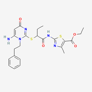 molecular formula C23H27N5O4S2 B4308457 ETHYL 2-({2-[(6-AMINO-4-OXO-1-PHENETHYL-1,4-DIHYDRO-2-PYRIMIDINYL)SULFANYL]BUTANOYL}AMINO)-4-METHYL-1,3-THIAZOLE-5-CARBOXYLATE 