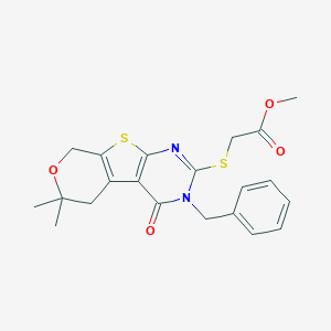 molecular formula C21H22N2O4S2 B430864 methyl 2-[(4-benzyl-12,12-dimethyl-3-oxo-11-oxa-8-thia-4,6-diazatricyclo[7.4.0.02,7]trideca-1(9),2(7),5-trien-5-yl)sulfanyl]acetate 