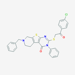 molecular formula C30H24ClN3O2S2 B430880 11-benzyl-5-[2-(4-chlorophenyl)-2-oxoethyl]sulfanyl-4-phenyl-8-thia-4,6,11-triazatricyclo[7.4.0.02,7]trideca-1(9),2(7),5-trien-3-one 