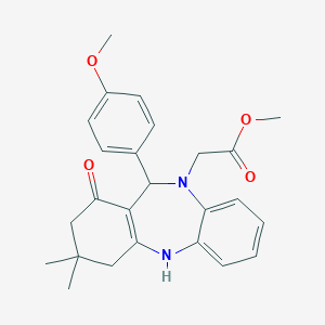 molecular formula C25H28N2O4 B431070 METHYL 2-[11-(4-METHOXYPHENYL)-3,3-DIMETHYL-1-OXO-1,2,3,4,5,11-HEXAHYDRO-10H-DIBENZO[B,E][1,4]DIAZEPIN-10-YL]ACETATE 