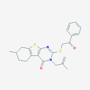 molecular formula C23H24N2O2S2 B431086 7-methyl-3-(2-methyl-2-propenyl)-2-[(2-oxo-2-phenylethyl)sulfanyl]-5,6,7,8-tetrahydro[1]benzothieno[2,3-d]pyrimidin-4(3H)-one 