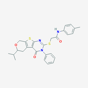 molecular formula C27H27N3O3S2 B431362 N-(4-methylphenyl)-2-[(3-oxo-4-phenyl-12-propan-2-yl-11-oxa-8-thia-4,6-diazatricyclo[7.4.0.02,7]trideca-1(9),2(7),5-trien-5-yl)sulfanyl]acetamide 
