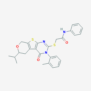 molecular formula C27H27N3O3S2 B431372 2-[[4-(2-methylphenyl)-3-oxo-12-propan-2-yl-11-oxa-8-thia-4,6-diazatricyclo[7.4.0.02,7]trideca-1(9),2(7),5-trien-5-yl]sulfanyl]-N-phenylacetamide 