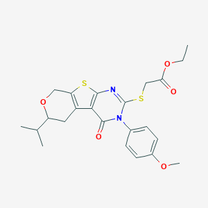 molecular formula C23H26N2O5S2 B431384 ethyl 2-[[4-(4-methoxyphenyl)-3-oxo-12-propan-2-yl-11-oxa-8-thia-4,6-diazatricyclo[7.4.0.02,7]trideca-1(9),2(7),5-trien-5-yl]sulfanyl]acetate CAS No. 371234-36-5