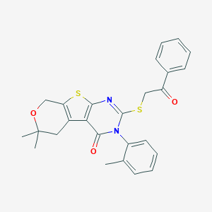 molecular formula C26H24N2O3S2 B431387 12,12-dimethyl-4-(2-methylphenyl)-5-phenacylsulfanyl-11-oxa-8-thia-4,6-diazatricyclo[7.4.0.02,7]trideca-1(9),2(7),5-trien-3-one 