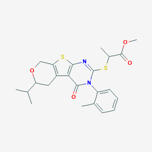 molecular formula C23H26N2O4S2 B431392 methyl 2-[[4-(2-methylphenyl)-3-oxo-12-propan-2-yl-11-oxa-8-thia-4,6-diazatricyclo[7.4.0.02,7]trideca-1(9),2(7),5-trien-5-yl]sulfanyl]propanoate 