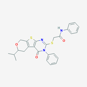 molecular formula C26H25N3O3S2 B431394 2-[(3-oxo-4-phenyl-12-propan-2-yl-11-oxa-8-thia-4,6-diazatricyclo[7.4.0.02,7]trideca-1(9),2(7),5-trien-5-yl)sulfanyl]-N-phenylacetamide 