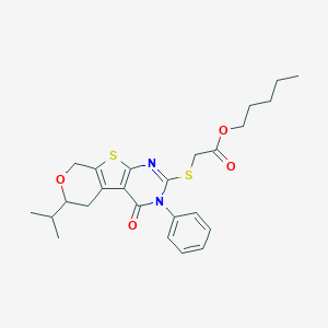 molecular formula C25H30N2O4S2 B431399 pentyl 2-[(3-oxo-4-phenyl-12-propan-2-yl-11-oxa-8-thia-4,6-diazatricyclo[7.4.0.02,7]trideca-1(9),2(7),5-trien-5-yl)sulfanyl]acetate 