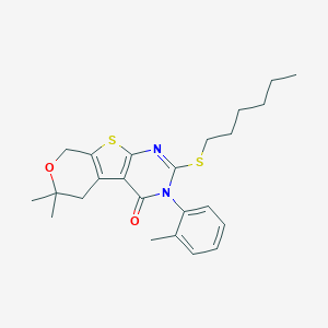 2-(hexylsulfanyl)-6,6-dimethyl-3-(2-methylphenyl)-3,5,6,8-tetrahydro-4H-pyrano[4',3':4,5]thieno[2,3-d]pyrimidin-4-one