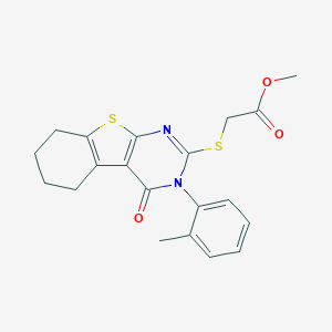 molecular formula C20H20N2O3S2 B431430 Methyl {[3-(2-methylphenyl)-4-oxo-3,4,5,6,7,8-hexahydro[1]benzothieno[2,3-d]pyrimidin-2-yl]sulfanyl}acetate 