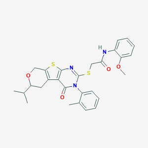 molecular formula C28H29N3O4S2 B431453 N-(2-methoxyphenyl)-2-[[4-(2-methylphenyl)-3-oxo-12-propan-2-yl-11-oxa-8-thia-4,6-diazatricyclo[7.4.0.02,7]trideca-1(9),2(7),5-trien-5-yl]sulfanyl]acetamide 