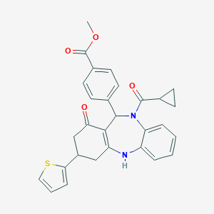 molecular formula C29H26N2O4S B431519 METHYL 4-[10-(CYCLOPROPYLCARBONYL)-1-OXO-3-(2-THIENYL)-2,3,4,5,10,11-HEXAHYDRO-1H-DIBENZO[B,E][1,4]DIAZEPIN-11-YL]BENZOATE 