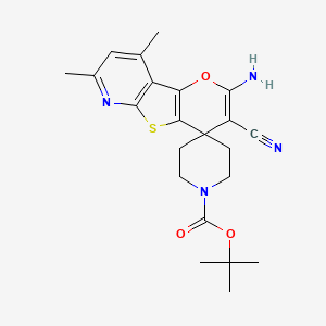 molecular formula C22H26N4O3S B4315515 tert-butyl 4-amino-5-cyano-11,13-dimethylspiro[3-oxa-8-thia-10-azatricyclo[7.4.0.02,7]trideca-1(9),2(7),4,10,12-pentaene-6,4'-piperidine]-1'-carboxylate CAS No. 371136-07-1