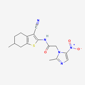molecular formula C16H17N5O3S B4316517 N-(3-cyano-6-methyl-4,5,6,7-tetrahydro-1-benzothiophen-2-yl)-2-(2-methyl-5-nitro-1H-imidazol-1-yl)acetamide 