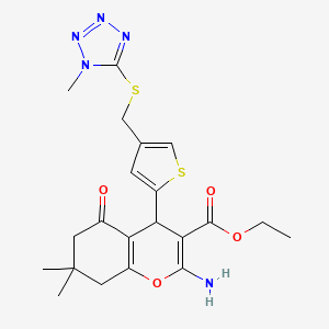 molecular formula C21H25N5O4S2 B4316537 ETHYL 2-AMINO-7,7-DIMETHYL-4-(4-{[(1-METHYL-1H-1,2,3,4-TETRAZOL-5-YL)SULFANYL]METHYL}THIOPHEN-2-YL)-5-OXO-5,6,7,8-TETRAHYDRO-4H-CHROMENE-3-CARBOXYLATE 