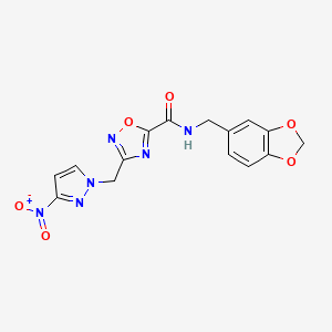 molecular formula C15H12N6O6 B4317294 N~5~-(1,3-BENZODIOXOL-5-YLMETHYL)-3-[(3-NITRO-1H-PYRAZOL-1-YL)METHYL]-1,2,4-OXADIAZOLE-5-CARBOXAMIDE 