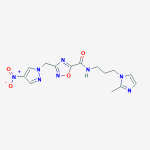 molecular formula C14H16N8O4 B4317471 N-[3-(2-methyl-1H-imidazol-1-yl)propyl]-3-[(4-nitro-1H-pyrazol-1-yl)methyl]-1,2,4-oxadiazole-5-carboxamide 