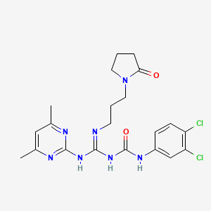 molecular formula C21H25Cl2N7O2 B4318468 N-(3,4-DICHLOROPHENYL)-N'-((E)-1-[(4,6-DIMETHYL-2-PYRIMIDINYL)AMINO]-1-{[3-(2-OXO-1-PYRROLIDINYL)PROPYL]AMINO}METHYLIDENE)UREA 