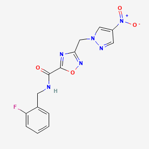 molecular formula C14H11FN6O4 B4318736 N-[(2-FLUOROPHENYL)METHYL]-3-[(4-NITRO-1H-PYRAZOL-1-YL)METHYL]-1,2,4-OXADIAZOLE-5-CARBOXAMIDE 