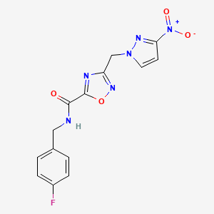 molecular formula C14H11FN6O4 B4319233 N-[(4-FLUOROPHENYL)METHYL]-3-[(3-NITRO-1H-PYRAZOL-1-YL)METHYL]-1,2,4-OXADIAZOLE-5-CARBOXAMIDE 