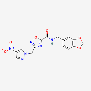 molecular formula C15H12N6O6 B4319253 N-[(2H-1,3-BENZODIOXOL-5-YL)METHYL]-3-[(4-NITRO-1H-PYRAZOL-1-YL)METHYL]-1,2,4-OXADIAZOLE-5-CARBOXAMIDE 