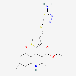 molecular formula C22H26N4O3S3 B4319590 Ethyl 4-(4-{[(5-amino-1,3,4-thiadiazol-2-yl)sulfanyl]methyl}thiophen-2-yl)-2,7,7-trimethyl-5-oxo-1,4,5,6,7,8-hexahydroquinoline-3-carboxylate 