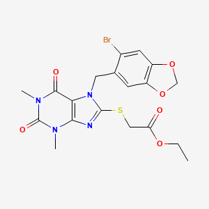 molecular formula C19H19BrN4O6S B4320381 ETHYL 2-({7-[(6-BROMO-1,3-BENZODIOXOL-5-YL)METHYL]-1,3-DIMETHYL-2,6-DIOXO-2,3,6,7-TETRAHYDRO-1H-PURIN-8-YL}SULFANYL)ACETATE 