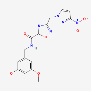 molecular formula C16H16N6O6 B4321070 N-[(3,5-DIMETHOXYPHENYL)METHYL]-3-[(3-NITRO-1H-PYRAZOL-1-YL)METHYL]-1,2,4-OXADIAZOLE-5-CARBOXAMIDE 