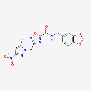 molecular formula C16H14N6O6 B4321518 N-(1,3-benzodioxol-5-ylmethyl)-3-[(5-methyl-3-nitro-1H-pyrazol-1-yl)methyl]-1,2,4-oxadiazole-5-carboxamide 