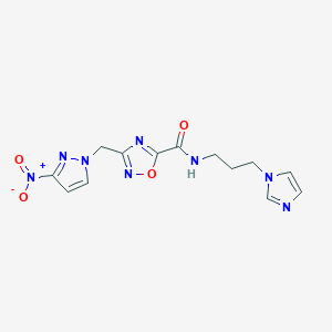 molecular formula C13H14N8O4 B4322050 N-[3-(1H-imidazol-1-yl)propyl]-3-[(3-nitro-1H-pyrazol-1-yl)methyl]-1,2,4-oxadiazole-5-carboxamide 