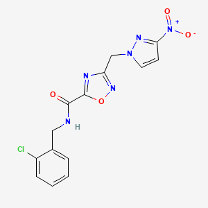 molecular formula C14H11ClN6O4 B4322056 N-[(2-CHLOROPHENYL)METHYL]-3-[(3-NITRO-1H-PYRAZOL-1-YL)METHYL]-1,2,4-OXADIAZOLE-5-CARBOXAMIDE 