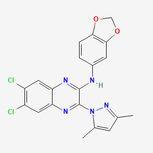 molecular formula C20H15Cl2N5O2 B4322506 N-(2H-1,3-BENZODIOXOL-5-YL)-6,7-DICHLORO-3-(3,5-DIMETHYL-1H-PYRAZOL-1-YL)QUINOXALIN-2-AMINE 