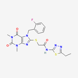 molecular formula C20H20FN7O3S2 B4322563 N-(5-ETHYL-1,3,4-THIADIAZOL-2-YL)-2-({7-[(2-FLUOROPHENYL)METHYL]-1,3-DIMETHYL-2,6-DIOXO-2,3,6,7-TETRAHYDRO-1H-PURIN-8-YL}SULFANYL)ACETAMIDE 