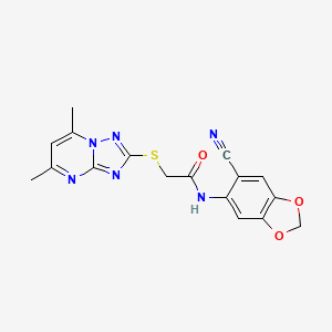 molecular formula C17H14N6O3S B4322627 N-(6-cyano-1,3-benzodioxol-5-yl)-2-[(5,7-dimethyl[1,2,4]triazolo[1,5-a]pyrimidin-2-yl)sulfanyl]acetamide 