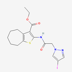 molecular formula C17H20IN3O3S B4323273 ETHYL 2-{[2-(4-IODO-1H-PYRAZOL-1-YL)ACETYL]AMINO}-5,6,7,8-TETRAHYDRO-4H-CYCLOHEPTA[B]THIOPHENE-3-CARBOXYLATE 