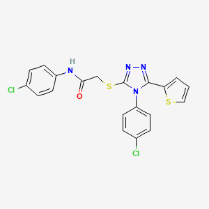 molecular formula C20H14Cl2N4OS2 B4323992 N-(4-CHLOROPHENYL)-2-{[4-(4-CHLOROPHENYL)-5-(2-THIENYL)-4H-1,2,4-TRIAZOL-3-YL]SULFANYL}ACETAMIDE 