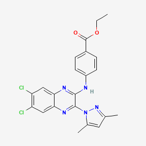 molecular formula C22H19Cl2N5O2 B4325225 ETHYL 4-{[6,7-DICHLORO-3-(3,5-DIMETHYL-1H-PYRAZOL-1-YL)-2-QUINOXALINYL]AMINO}BENZOATE 