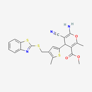 molecular formula C22H19N3O3S3 B4326401 methyl 6-amino-4-{4-[(1,3-benzothiazol-2-ylsulfanyl)methyl]-5-methylthiophen-2-yl}-5-cyano-2-methyl-4H-pyran-3-carboxylate 