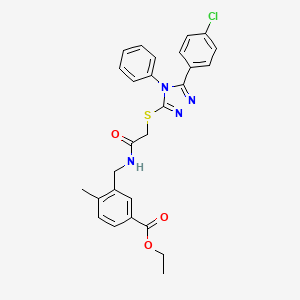molecular formula C27H25ClN4O3S B4327481 ETHYL 3-{[(2-{[5-(4-CHLOROPHENYL)-4-PHENYL-4H-1,2,4-TRIAZOL-3-YL]SULFANYL}ACETYL)AMINO]METHYL}-4-METHYLBENZOATE 