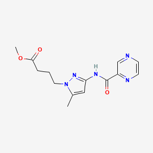 molecular formula C14H17N5O3 B4327745 METHYL 4-{5-METHYL-3-[(2-PYRAZINYLCARBONYL)AMINO]-1H-PYRAZOL-1-YL}BUTANOATE 