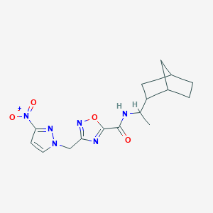 molecular formula C16H20N6O4 B4327878 N-[1-(bicyclo[2.2.1]hept-2-yl)ethyl]-3-[(3-nitro-1H-pyrazol-1-yl)methyl]-1,2,4-oxadiazole-5-carboxamide 
