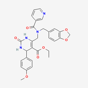 molecular formula C29H28N4O7 B4328207 ETHYL 6-({N-[(2H-1,3-BENZODIOXOL-5-YL)METHYL]-1-(PYRIDIN-3-YL)FORMAMIDO}METHYL)-4-(4-METHOXYPHENYL)-2-OXO-1,2,3,4-TETRAHYDROPYRIMIDINE-5-CARBOXYLATE 