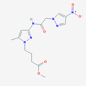 molecular formula C14H18N6O5 B4328335 METHYL 4-{5-METHYL-3-[2-(4-NITRO-1H-PYRAZOL-1-YL)ACETAMIDO]-1H-PYRAZOL-1-YL}BUTANOATE 