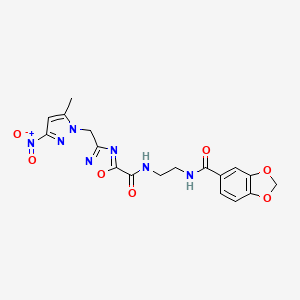 molecular formula C18H17N7O7 B4328363 N-[2-({3-[(5-METHYL-3-NITRO-1H-PYRAZOL-1-YL)METHYL]-1,2,4-OXADIAZOL-5-YL}FORMAMIDO)ETHYL]-2H-1,3-BENZODIOXOLE-5-CARBOXAMIDE 